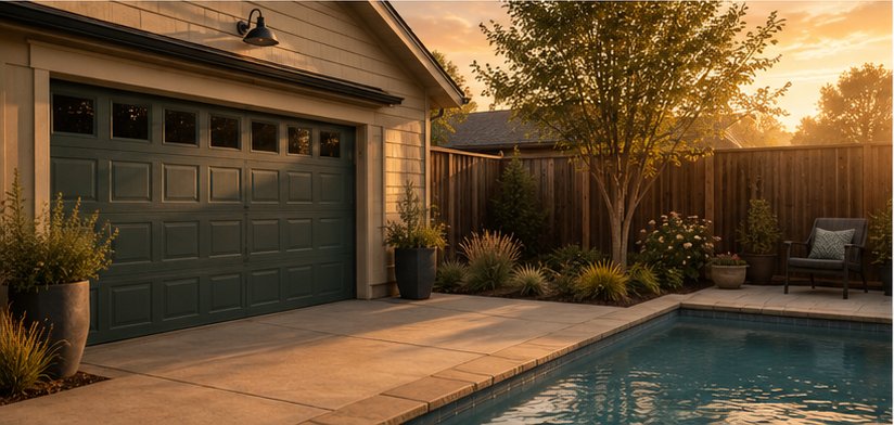A garage, a fenced yard, and a pool edge in one frame