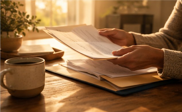 Hands reviewing paperwork calmly at a kitchen table