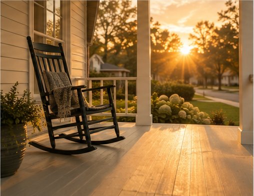 An empty porch chair at sunrise