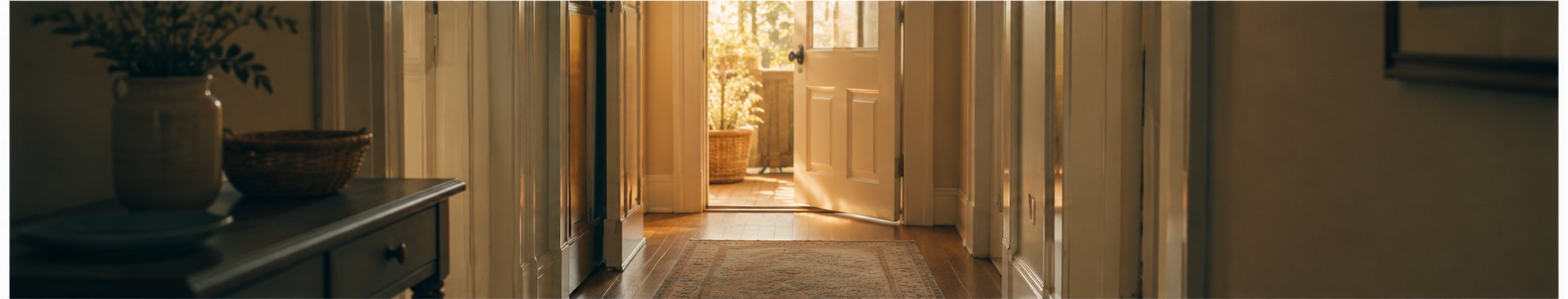 A quiet hallway with warm light coming through an open door
