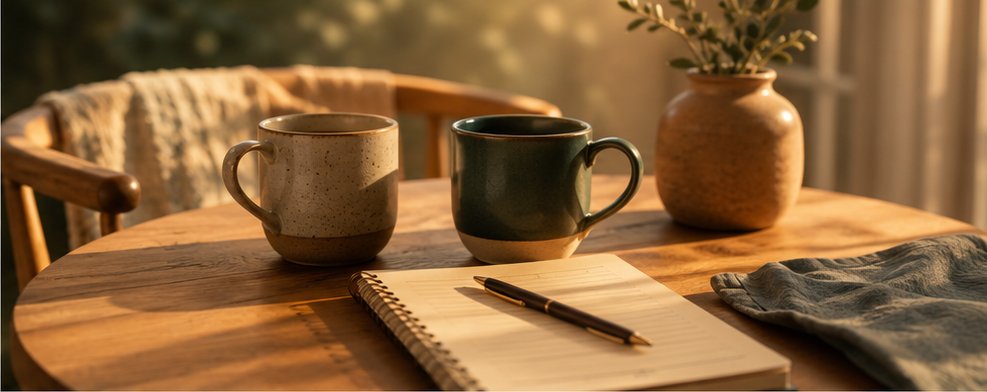 Two coffee mugs on a table, ready for a conversation