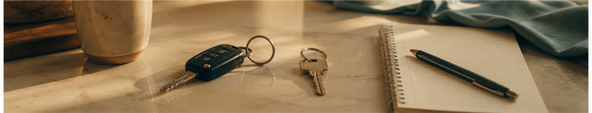 A car key and house key beside a notepad and pen