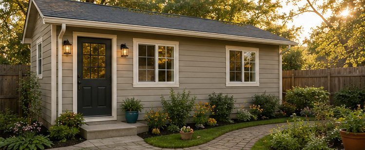 Small backyard accessory dwelling unit surrounded by garden