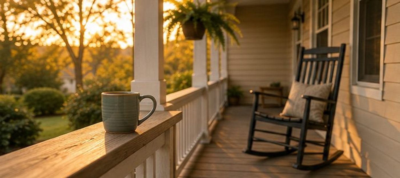 Warm golden-hour front porch scene, echoing the article's opening image