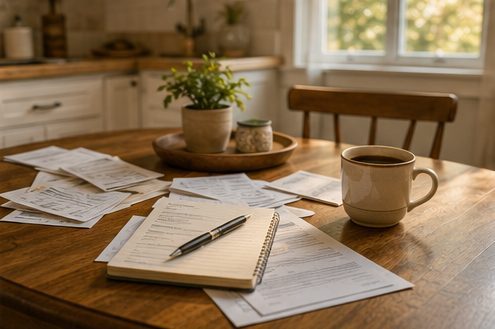 Kitchen table set with paperwork and a coffee mug for reviewing options