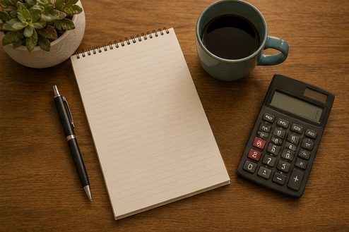 Notepad, coffee mug, and calculator set up for comparing retirement income options