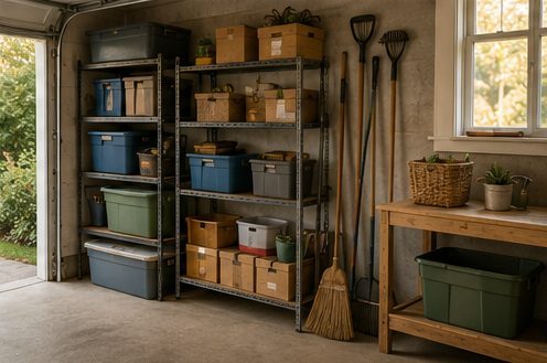 Tidy, organized garage storage shelving with labeled bins