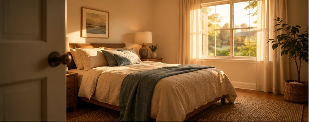 A quiet spare room with warm afternoon light through the window