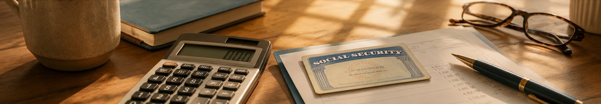 A calculator, pen, and Social Security card on a desk