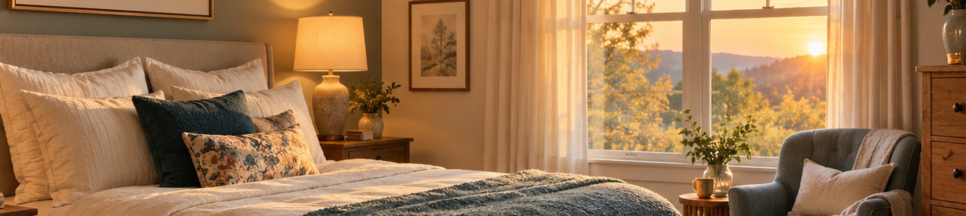 A cozy furnished spare bedroom with warm afternoon light through the window