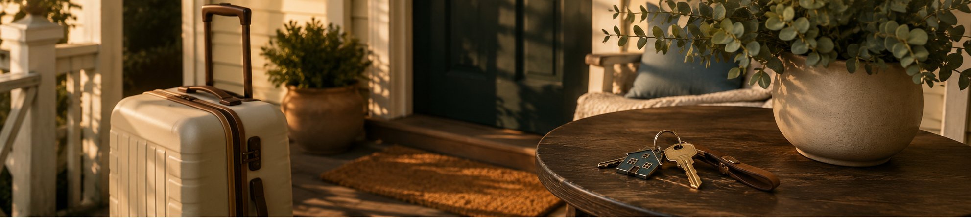 A suitcase and house keys on a porch table