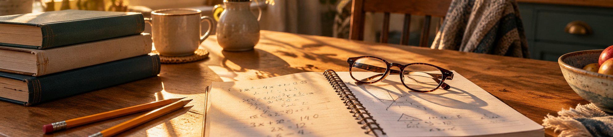 A warm kitchen table set up for a tutoring session, notebook and pencil in soft afternoon light